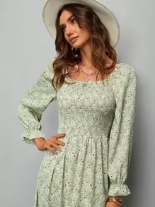 SHEIN Holidaya Đầm Lộ Lưng Dải chun Họa tiết hoa Boho - Màu xanh Bạc hà - Xem 5
