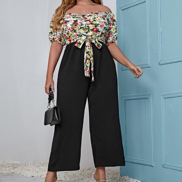 

Plus Floral Print Off The Shoulder Knot Hem Jumpsuit, Multicolor