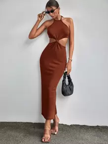 Firerie 鏤空後綁帶掛脖洋裝 - 鏽棕色 - 查看 1