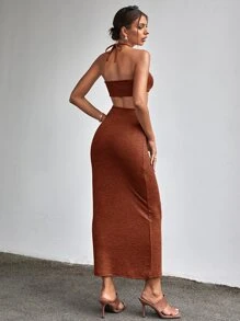 Firerie 鏤空後綁帶掛脖洋裝 - 鏽棕色 - 查看 2