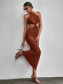 Firerie 鏤空後綁帶掛脖洋裝 - 鏽棕色 - 查看 3