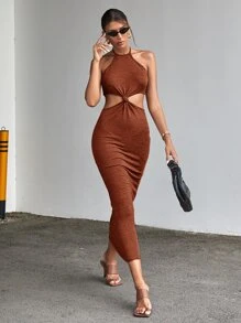 Firerie 鏤空後綁帶掛脖洋裝 - 鏽棕色 - 查看 5