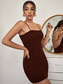 SHEIN EZwear 素色迷你緊身洋裝 - 酒紅色 - 查看 3