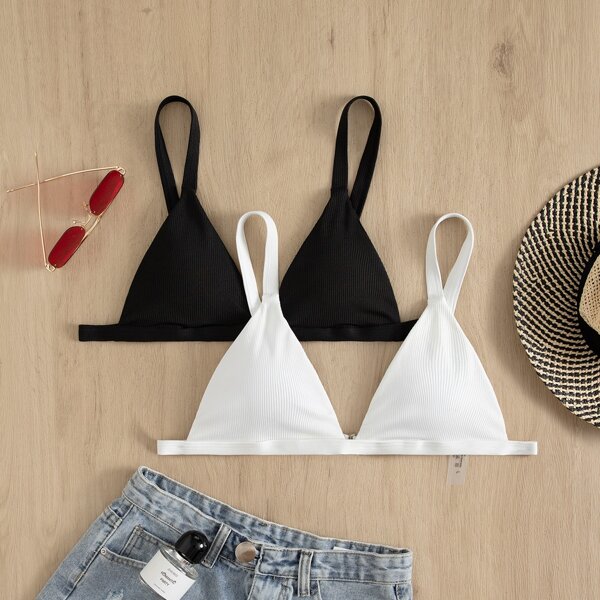 

2pack Solid Rib Triangle Bikini Top, Black and white