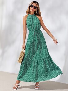 SHEIN Ditsy Floral Ruffle Hem Belted Halter Dress - Green - View 1
