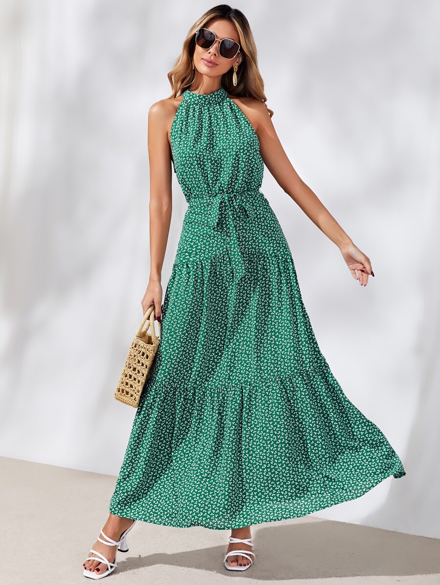 SHEIN Ditsy Floral Ruffle Hem Belted Halter Dress - Green - View 1
