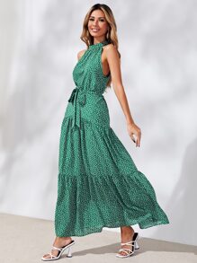 SHEIN Ditsy Floral Ruffle Hem Belted Halter Dress - Green - View 3