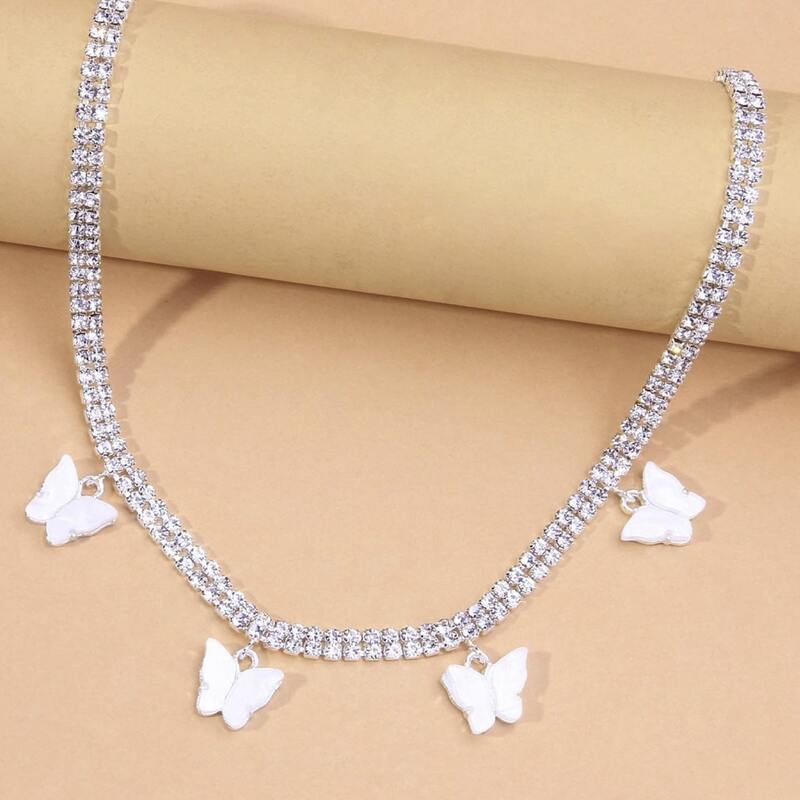 

Butterfly Charm Rhinestone Necklace, Silver