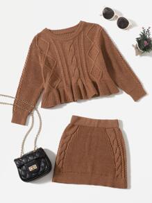 Suéter bajo con fruncido unicolor con falda tejida - Marrón - Ver 1