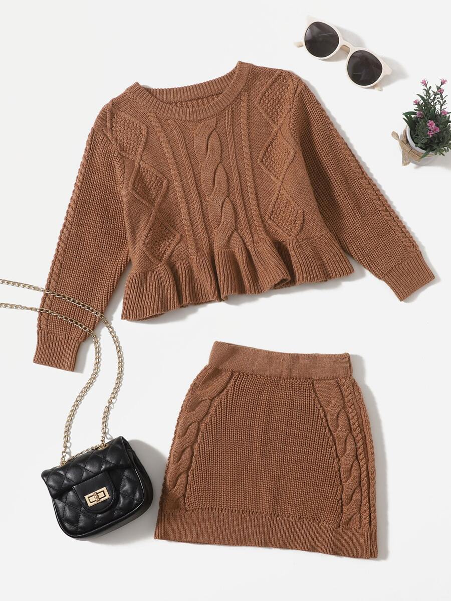 Suéter bajo con fruncido unicolor con falda tejida - Marrón - Ver 1