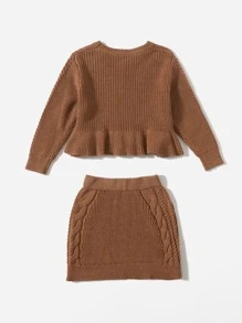 Suéter bajo con fruncido unicolor con falda tejida - Marrón - Ver 2