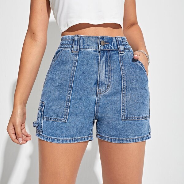 

High Waist Slant Pocket Denim Shorts, Medium wash