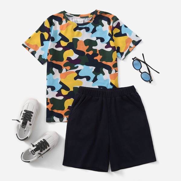 

Boys Camo Print Tee & Slant Pocket Shorts, Multicolor