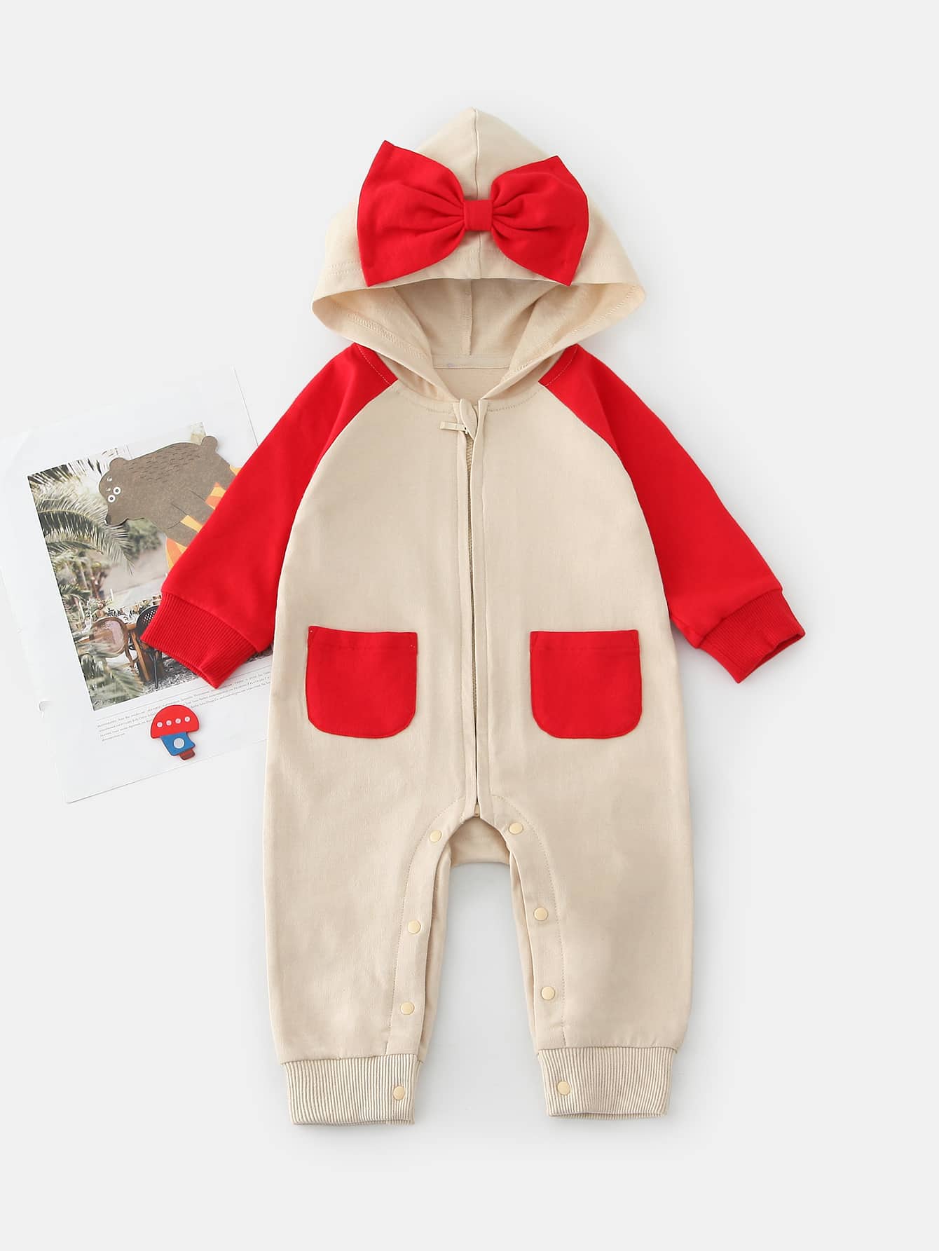 Peninsula Baby Áo liền quần Em bé Nơ Bướm Túi Dây kéo Khối Màu Rau quả Giải trí - Nhiều màu - Xem 1