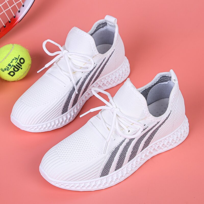 

Graphic Lace Up Decor Knit Sneakers, White