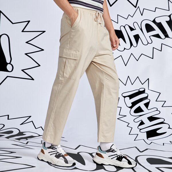 

Men Drawstring Waist Flap Pocket Side Cargo Pants, Beige