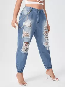 Jeans rotos con diseño de cadena - Azul - Ver 1