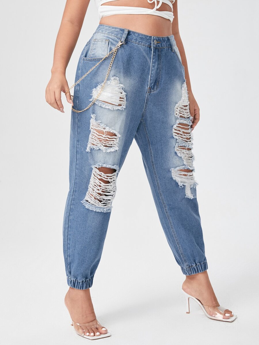 Jeans rotos con diseño de cadena - Azul - Ver 1