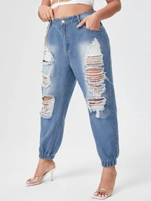 Jeans rotos con diseño de cadena - Azul - Ver 3