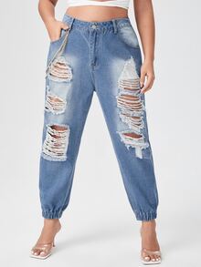 Jeans rotos con diseño de cadena - Azul - Ver 4