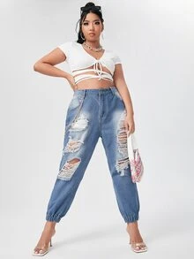 Jeans rotos con diseño de cadena - Azul - Ver 5