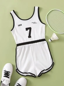 SHEIN Girls Letter Graphic Contrast Binding Tank Romper - White - View 1