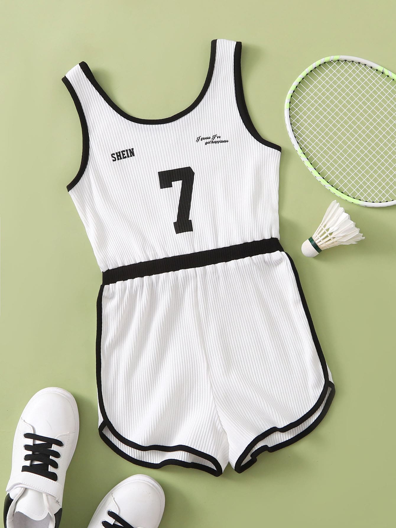 SHEIN Girls Letter Graphic Contrast Binding Tank Romper - White - View 1