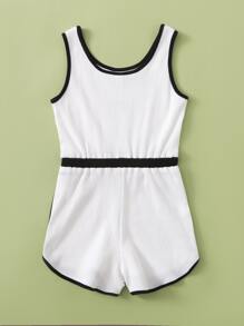 SHEIN Girls Letter Graphic Contrast Binding Tank Romper - White - View 2