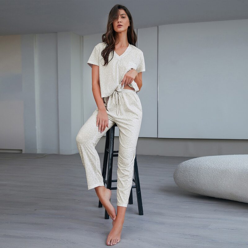 

V Neck Tee With Drawstring Pants PJ Set, Beige