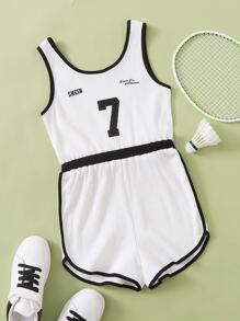 SHEIN Girls Letter Graphic Contrast Binding Tank Romper - White - View 3