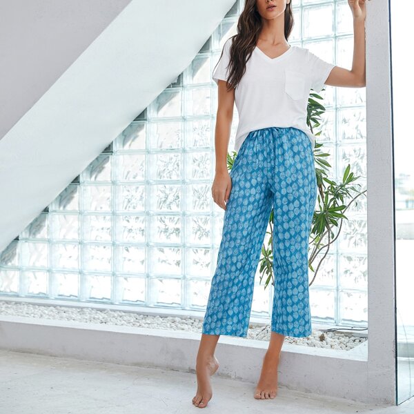 

Pocket Front Solid Tee & Graphic Pants Pajama Set, Blue and white