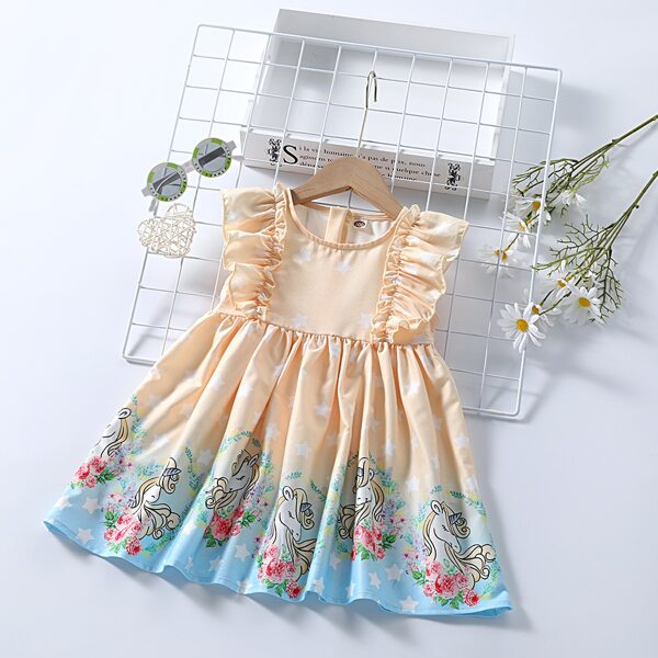 

Toddler Girls Cartoon Graphic Ruffle Trim Dress, Yellow