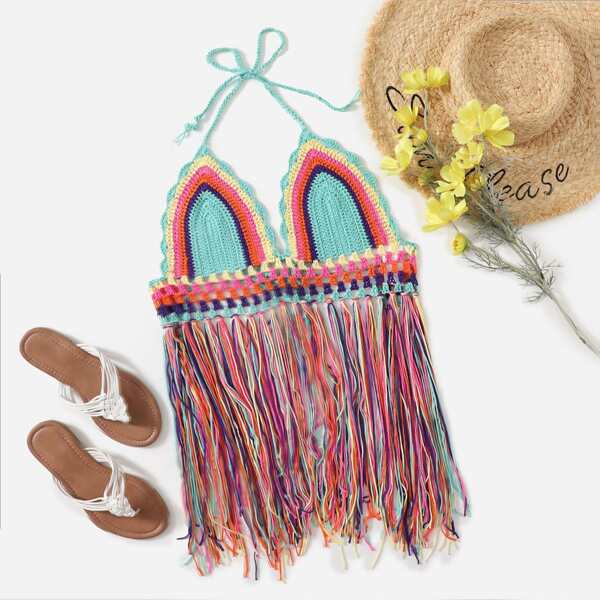 

Fringe Trim Halter Cover Up, Multicolor