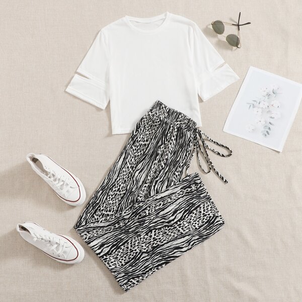 

Plus Ripped Sleeve Crop Tee With Zebra Stripe Pants, Black and white