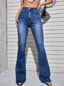 SHEIN ICON Quần jean Nút Túi Dây kéo màu trơn - Rửa tối - Xem 3