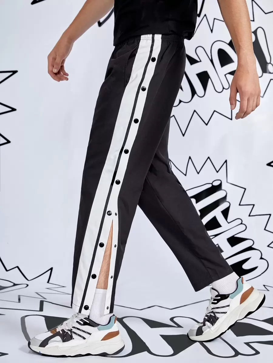 Manfinity RebelGame 男式撞色侧缝纽扣开衩裤 - 黑色 - 查看 1