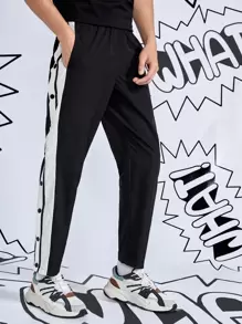 Manfinity RebelGame 男式撞色侧缝纽扣开衩裤 - 黑色 - 查看 3