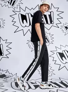 Manfinity RebelGame 男式撞色侧缝纽扣开衩裤 - 黑色 - 查看 4