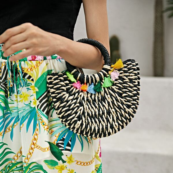 

Tassel Charm Round Handle Woven Satchel Bag, Multicolor