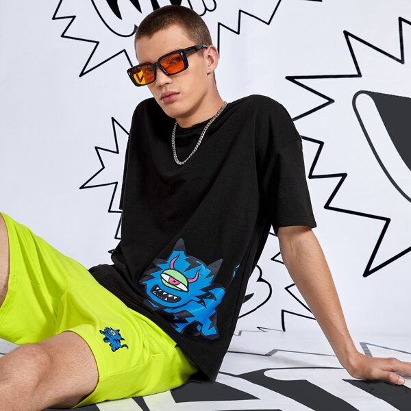 

Men Cartoon And Letter Graphic Tee & Shorts, Multicolor