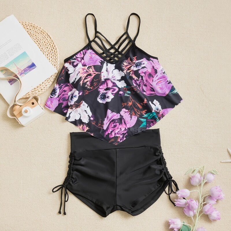 

Floral Hanky Hem Shorts Bikini Swimsuit, Multicolor