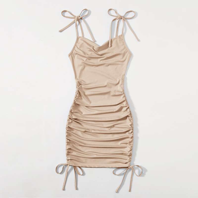 

Solid Drawstring Bodycon Cami Dress, Apricot