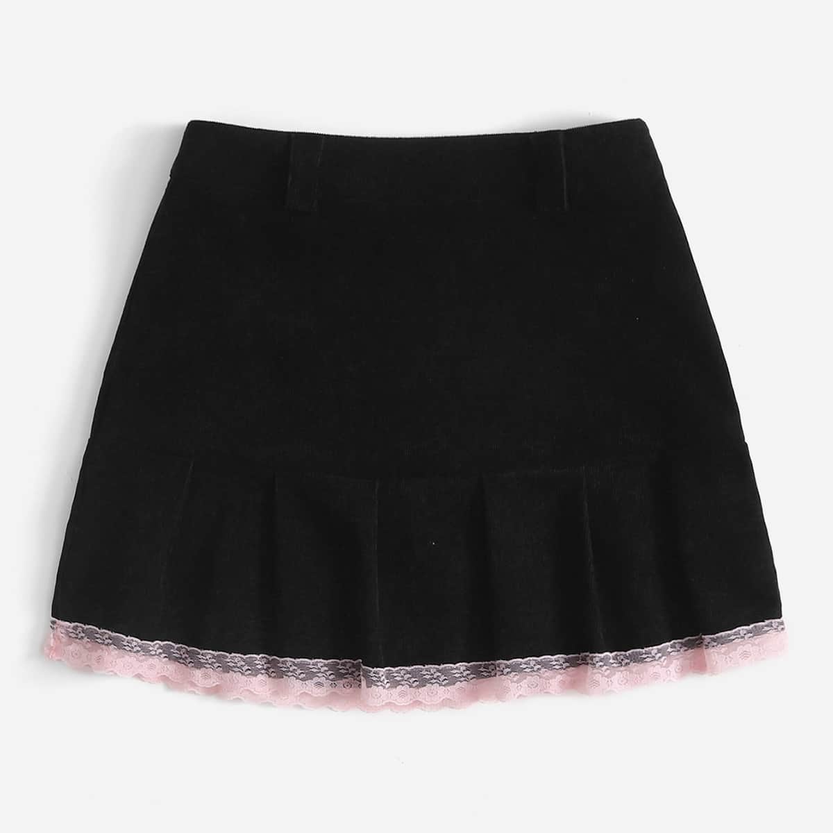 

Contrast Lace Corduroy Skirt, Black