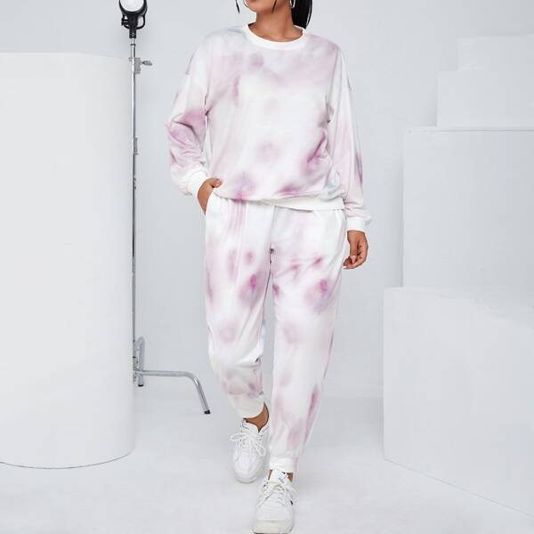 

Plus Tie Dye Drop Shoulder Sweatshirt With Sweatpants, Multicolor