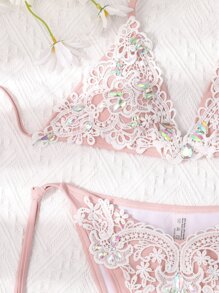 Lace Appliques Triangle Tie Side Bikini - Multicolor - View 5
