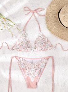 Lace Appliques Triangle Tie Side Bikini - Multicolor - View 4