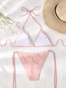 Lace Appliques Triangle Tie Side Bikini - Multicolor - View 3