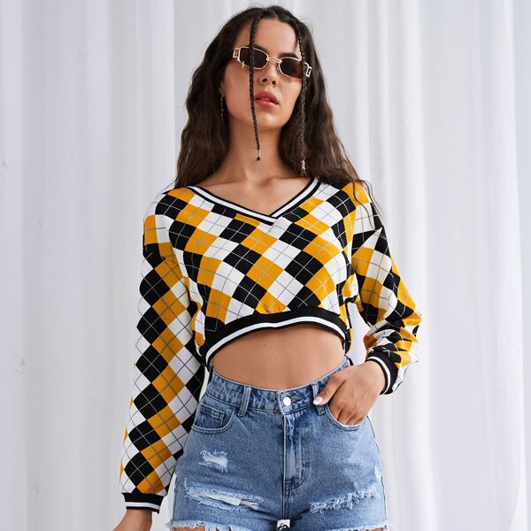 

Argyle Pattern Crop Sweatshirt, Multicolor