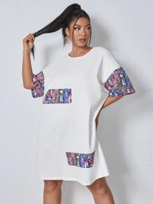 SHEIN Vestido estilo camiseta con estampado de cómic de hombros caídos - Blanco - Ver 1