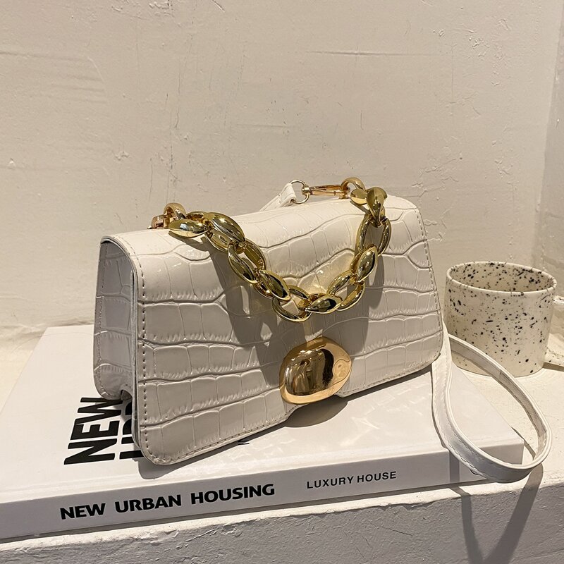 Croc Embossed Satchel Bag, White
